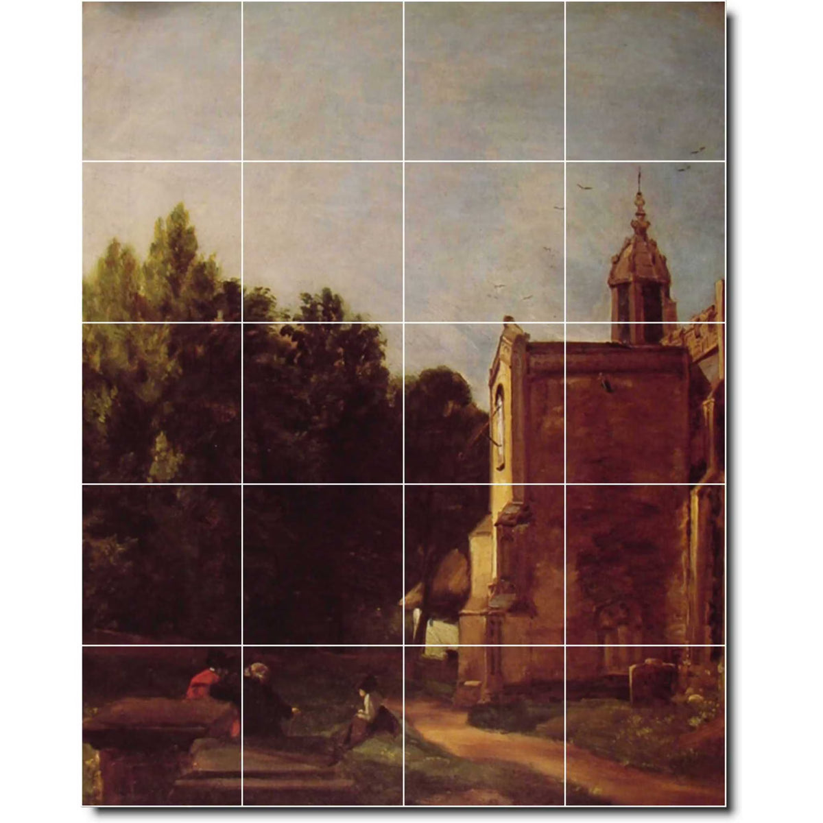 Mural en carreaux de céramique - Peinture de village de John Constable 84. 43,2 cm l x 54 cm h utilisant (20) carreaux de céramique de 10,8 x 10,8 cm