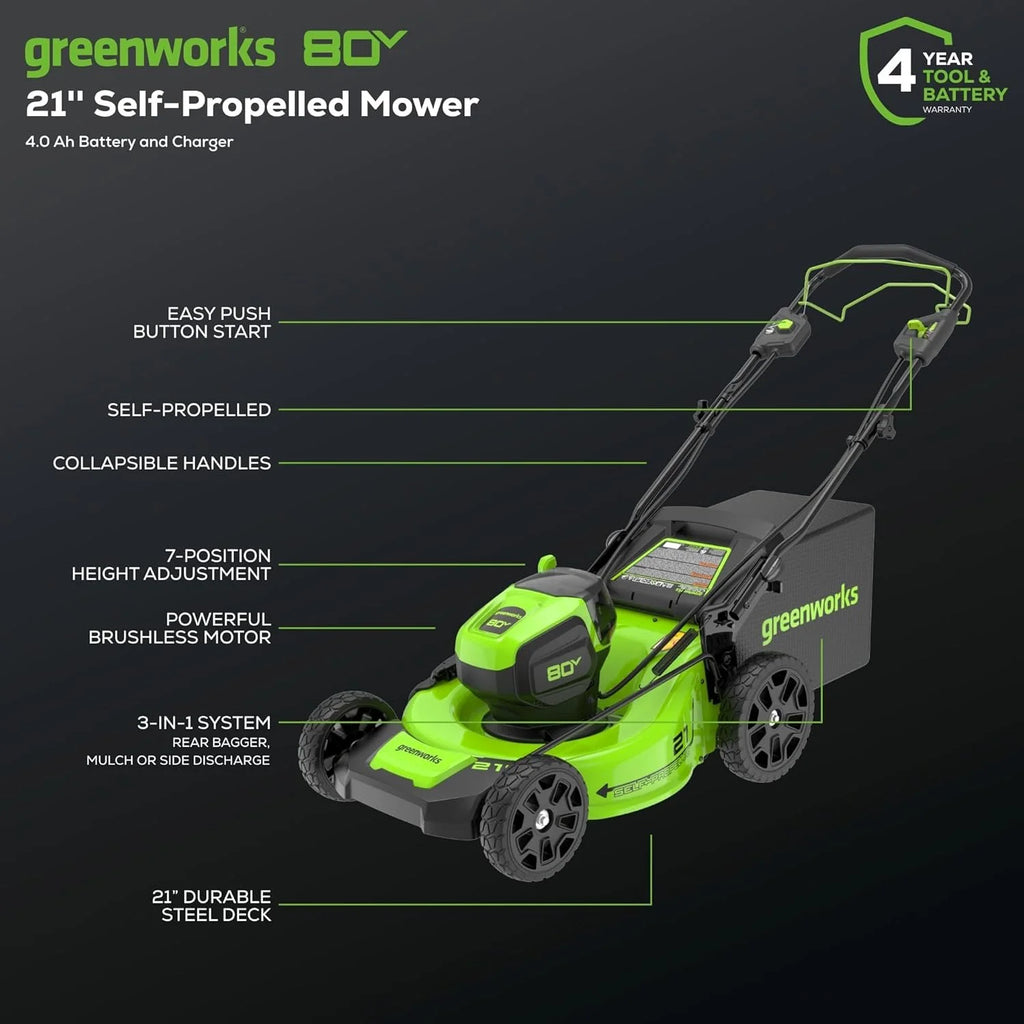 Greenworks 80V 21″ Cordless Self-Propelled Lawn Mowers.