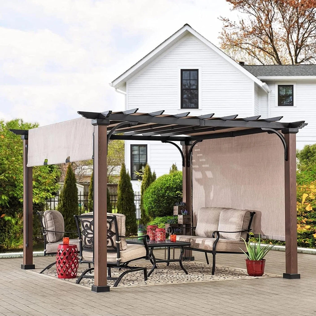 Sunjoy 11 x 11 ft Metal Pergola with Adjustable Tan Garden Shades