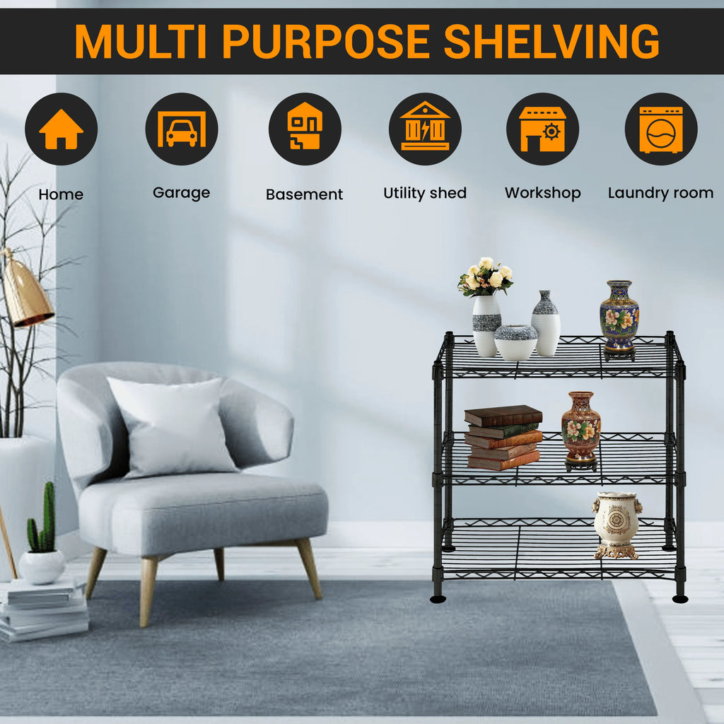 Juggernaut Storage Steel 3-Tier Storage Shelf Unit 18"H x 18"W x 10"D, 210lb Total Capacity, Black