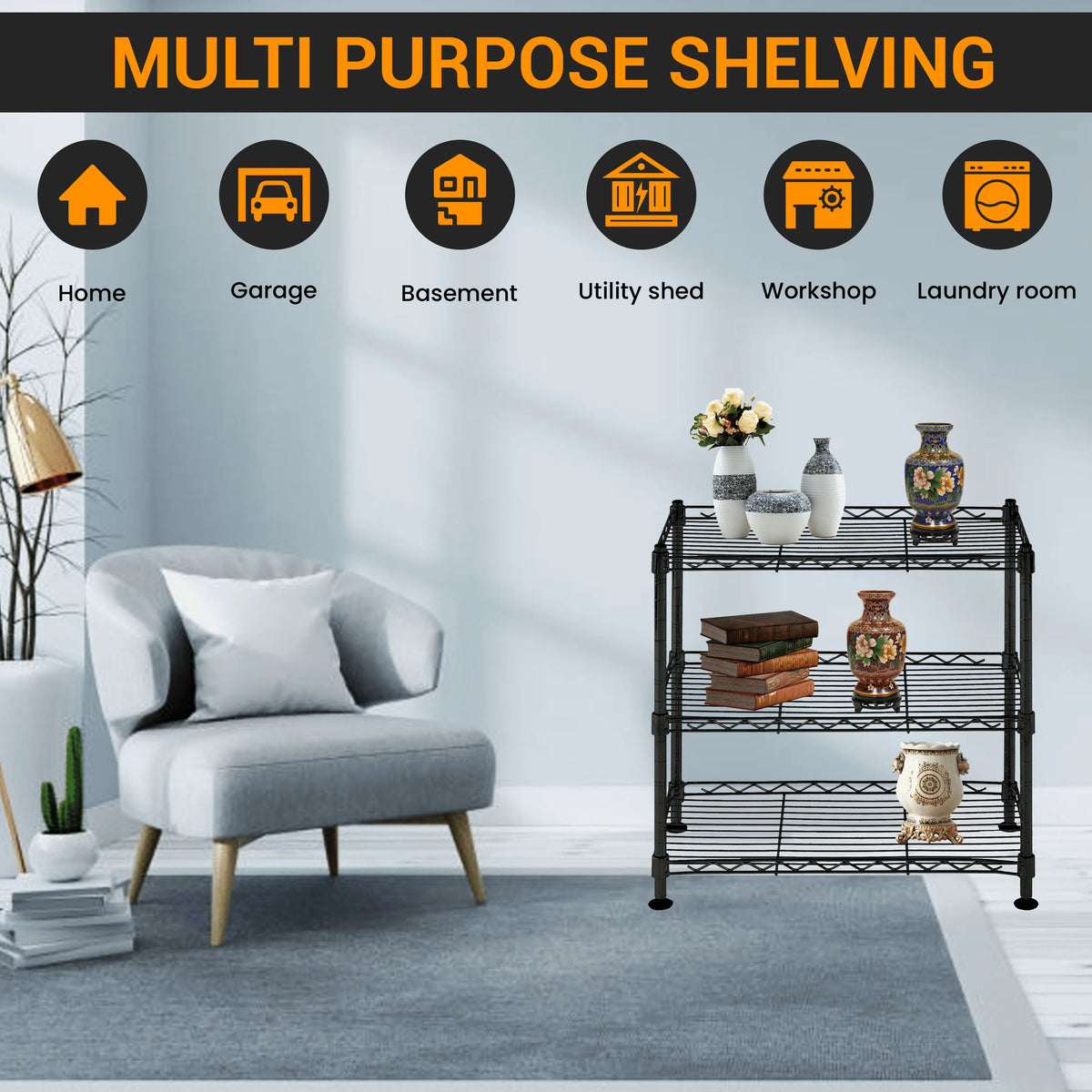 Juggernaut Storage Steel 3-Tier Storage Shelf Unit 18"H x 18"W x 10"D, 210lb Total Capacity, Black