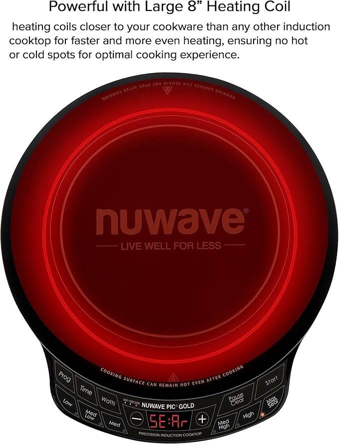 Nuwave Precision Induction Cooktop Gold, 12” Shatter-Proof Ceramic Glass Surface, Large 8” Heating Coil, Portable, 51Temp Settings 100°F to 575°F, 3 Wattage Settings 600, 900, and 1500 Watts