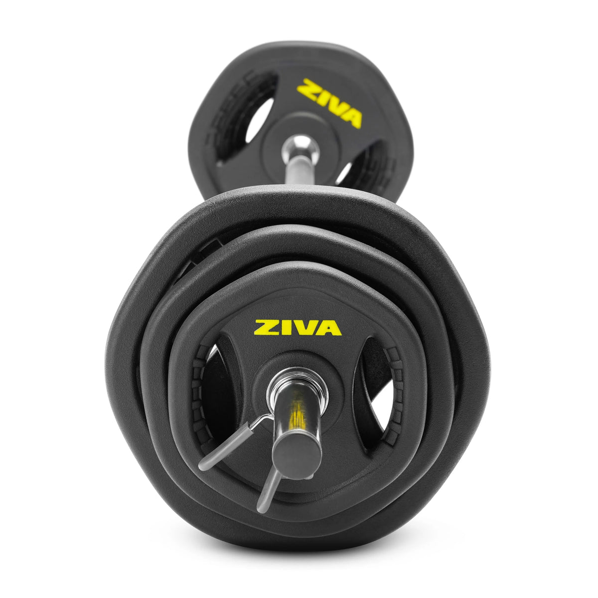 ZIVA RPU Studio Barbell Adjustable Weight Set - 6 High Grade RPU Coated Grip Plates (2 x 2.5lb, 2 x 5lb, 2 x 10lb) 1.18" D Steel Chrome Bar (55"L x 4.4lb) 2 x Spring Collars Ships in Two Parts