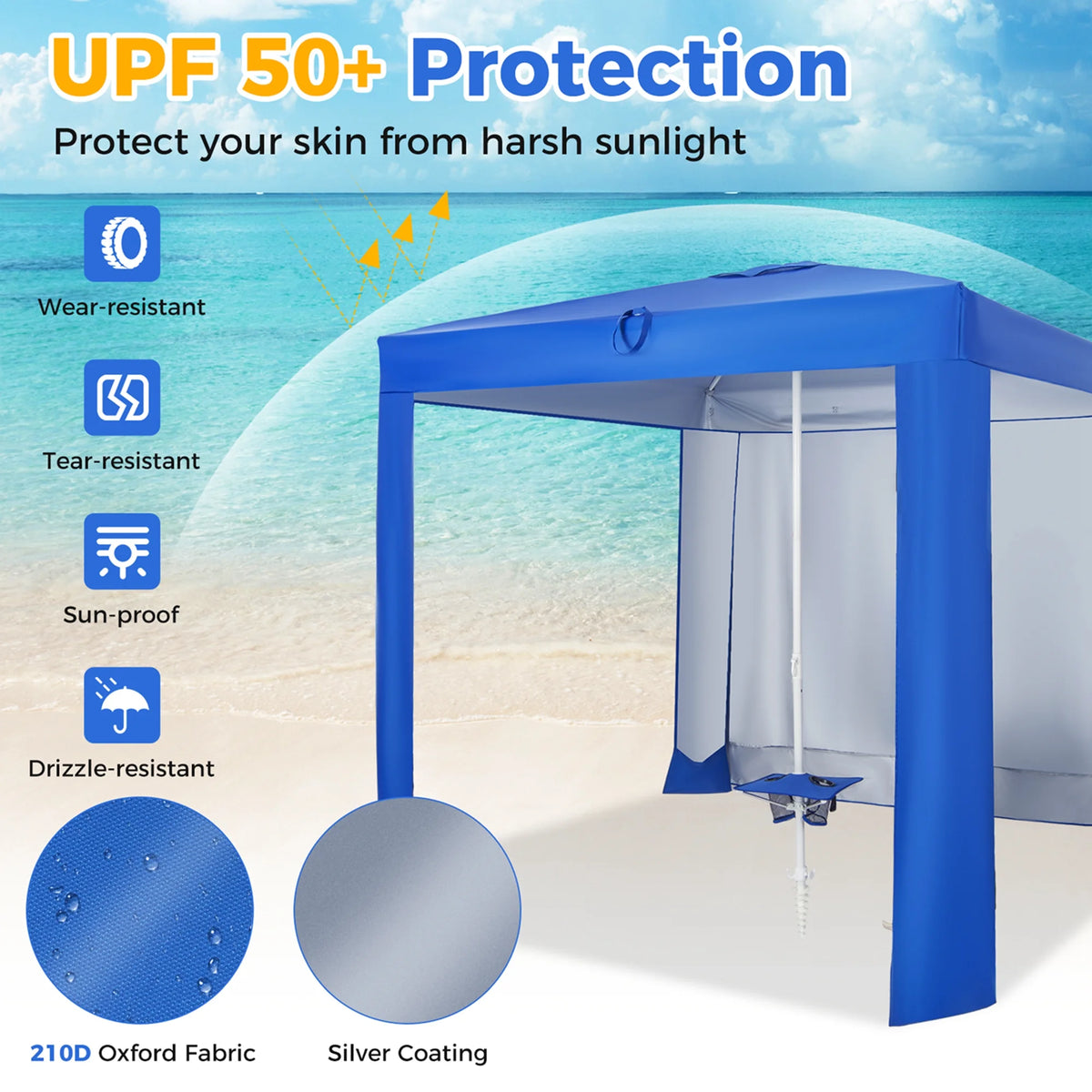Tente de plage cabane Costway 6,6 pi x 6,6 pi, bleu