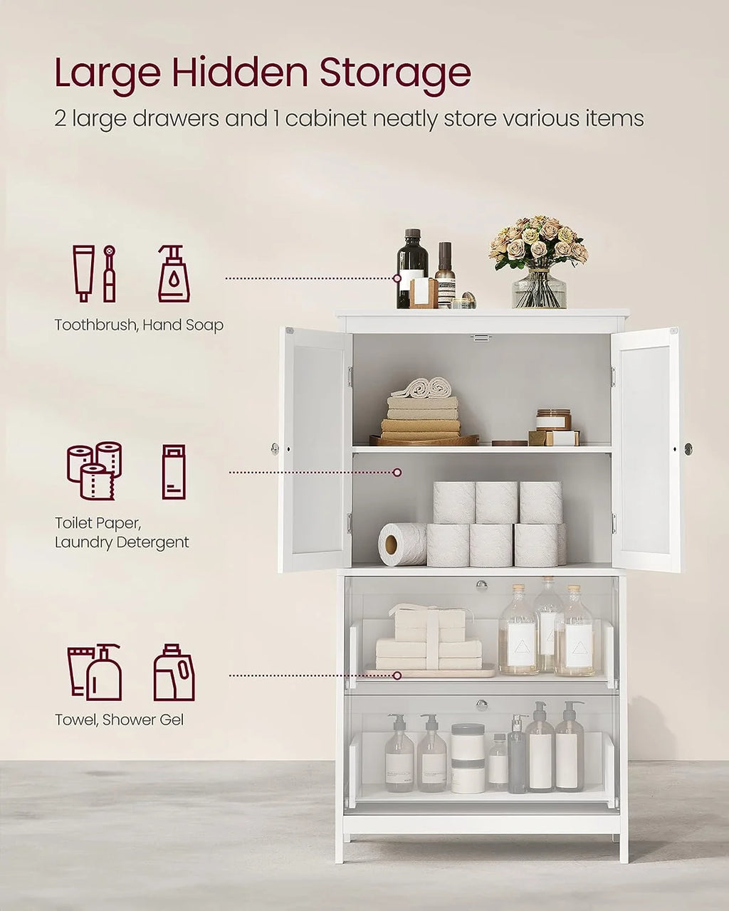 Meuble de rangement sur pied, unité de rangement, armoire indépendante avec 2 tiroirs et 2 portes, étagère réglable, 30 x 60 x 110 cm, blanc