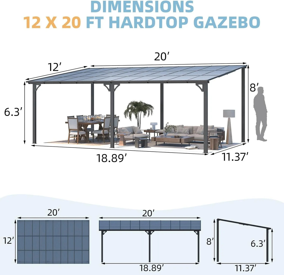 Aecojoy 20'x12′ Wall Mounteds Gazebos Pergola
