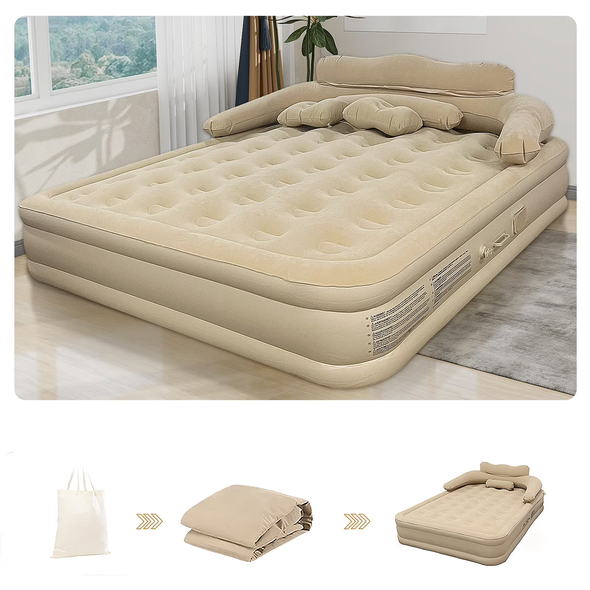Buric double bed Extra Large Size Air Mattress with Headboard - Dual Pump, Inflatable Camping Airbed Electric(Beige75.5" x 71.6" x 15.7")
