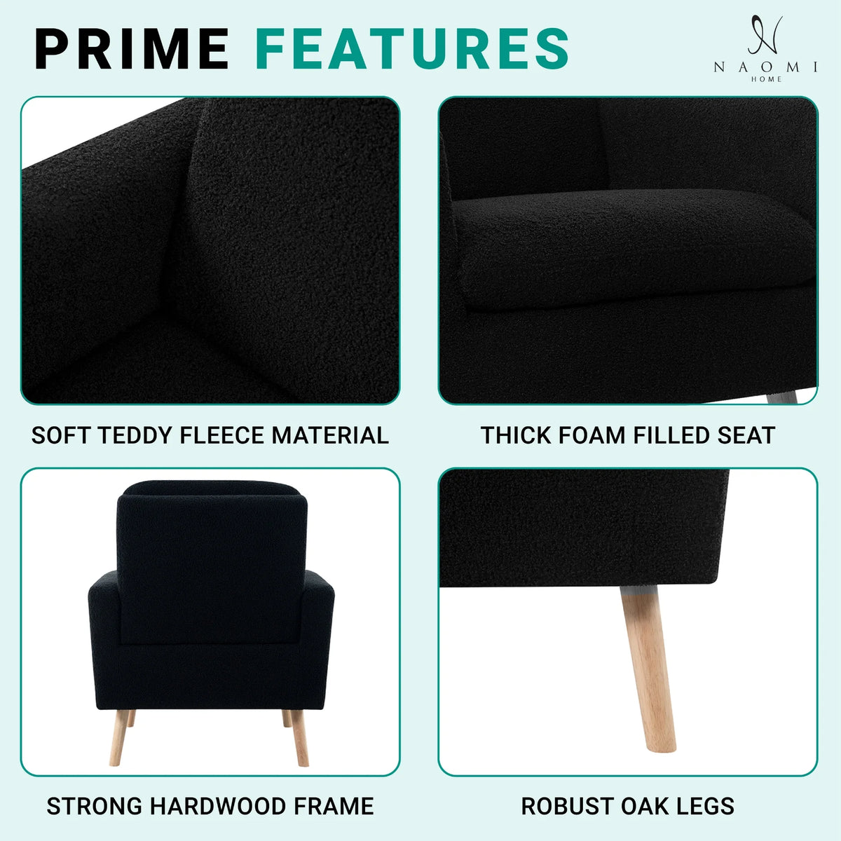 Naomi Home Frida Mid-Century Modern Accent Chair, Espresso Teddy Fleece Upholstered Armchair with Oak Legs, 28.74"D x 30.31"W x 35.04"H