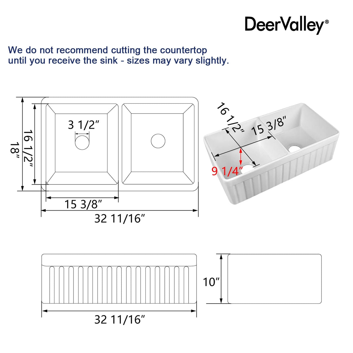 DeerValley Nova DV-1K503 Fireclay White Double Basin Farmhouse Kitchen Sink with Grid & Basket Strainer (33"L x 18"W x 10"H)