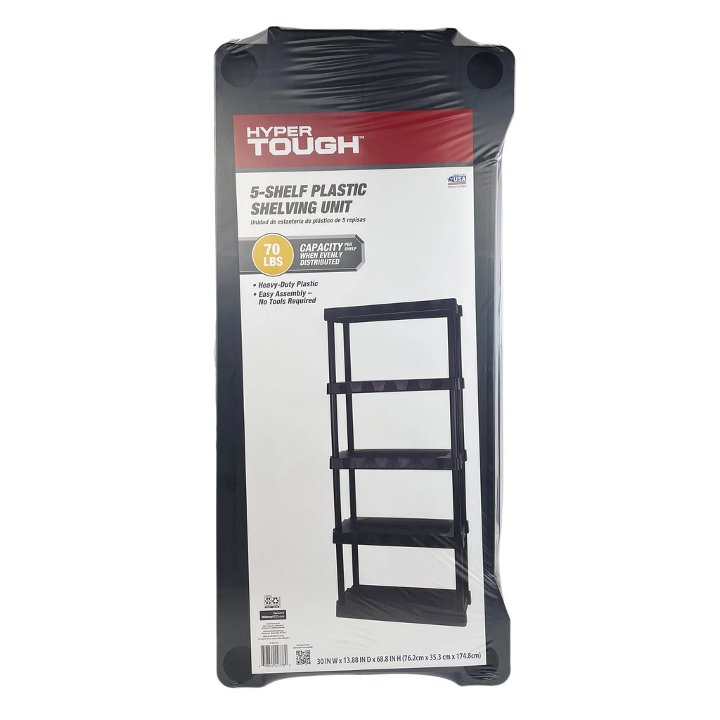 Hyper Tough Plastic 5-Tier Storage Shelf Unit 68.8"H x 30"W x 13.88"D, 350lb Total Capacity, Black