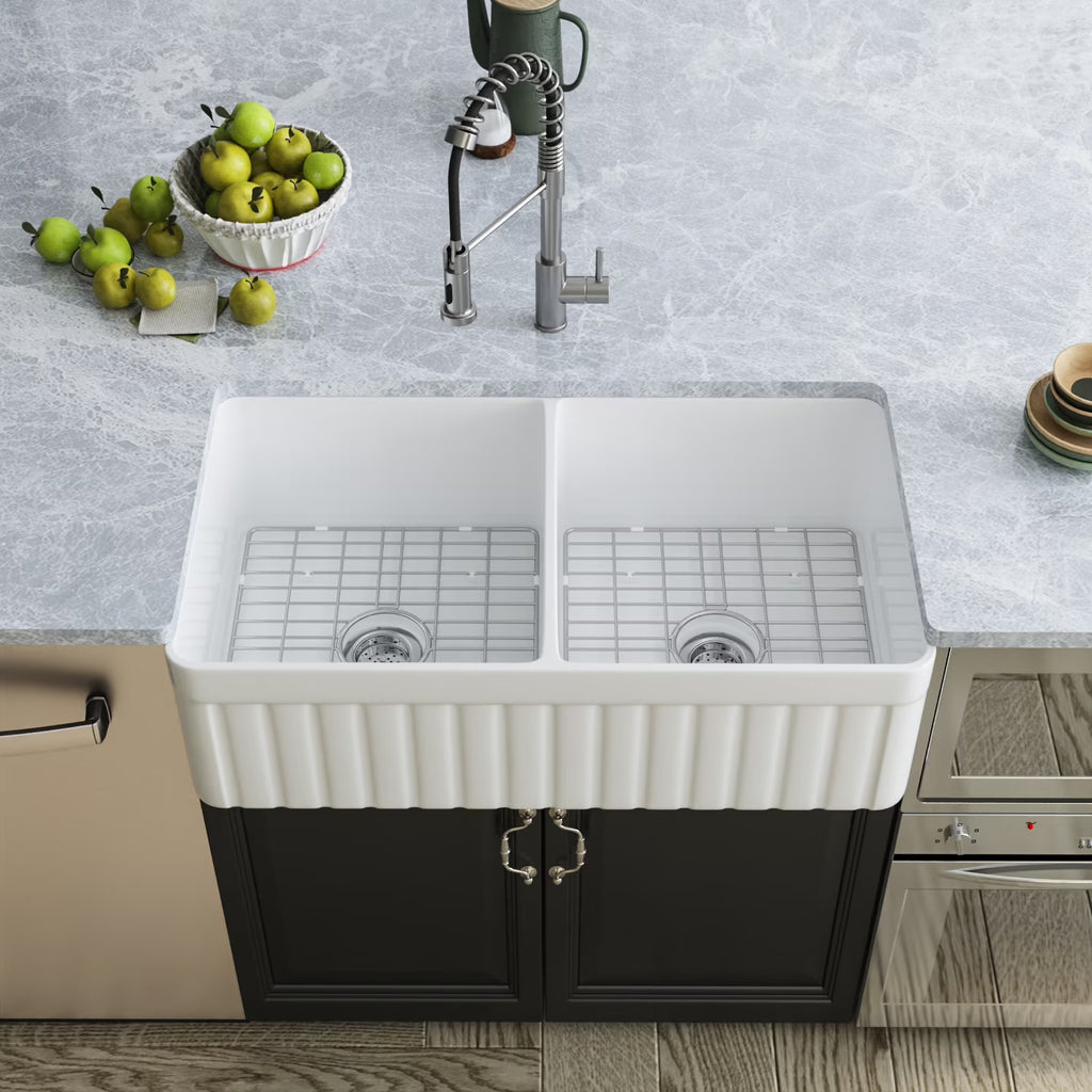 DeerValley Nova DV-1K503 Fireclay White Double Basin Farmhouse Kitchen Sink with Grid & Basket Strainer (33"L x 18"W x 10"H)