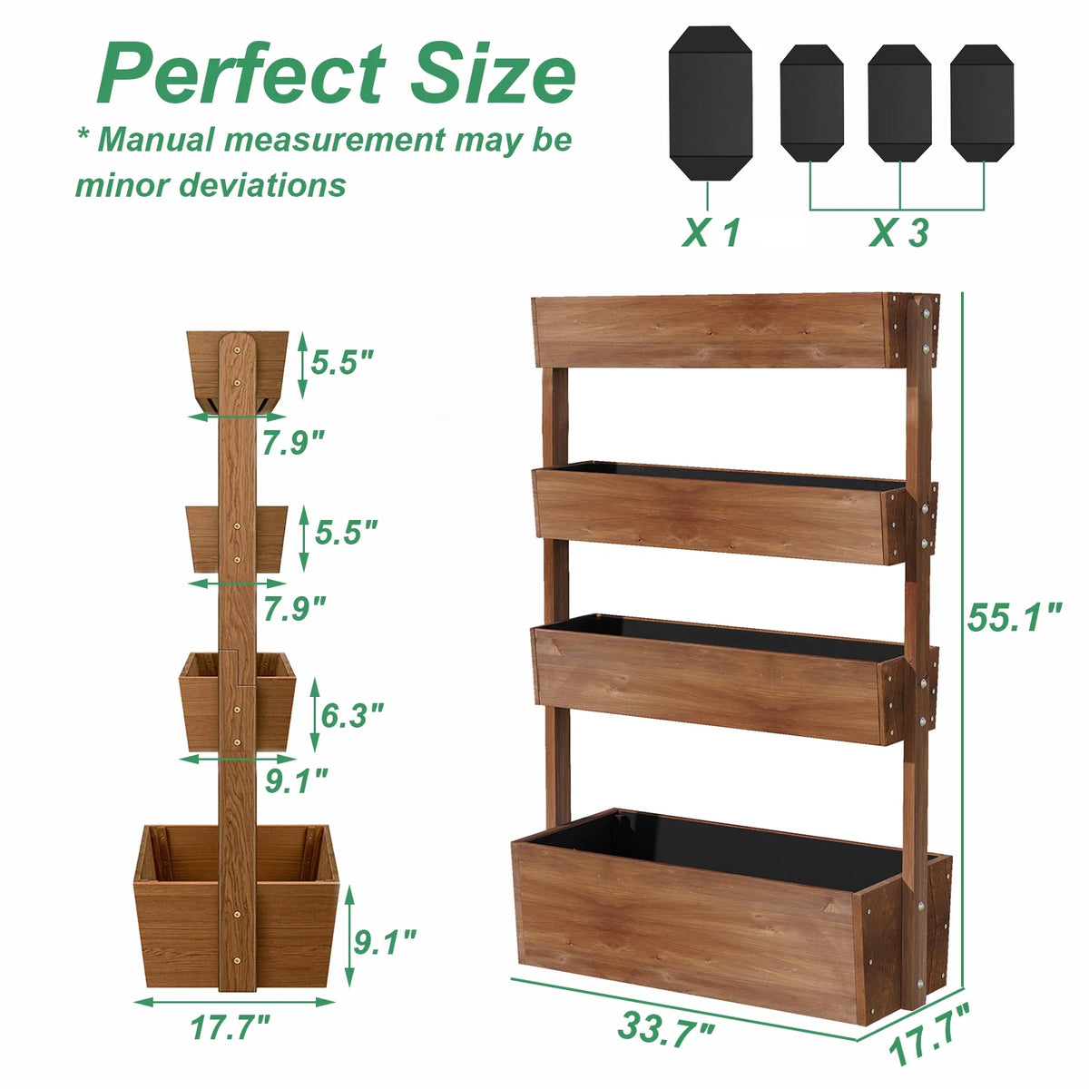 Jardinière surélevée Wilk 33,7 x 17,7 x 46, potager vertical en bois à 3 niveaux pour jardin, terrasse, balcon