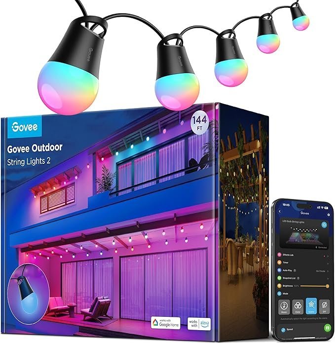 Govee Smart Outdoor String Lights 2, 144ft Outdoor Lights with Dimmable Warm White LED Bulbs, 47 Scene Modes for Patio, Backyard, Balcony, IP65 Waterproof, Works with Alexa, App Control
