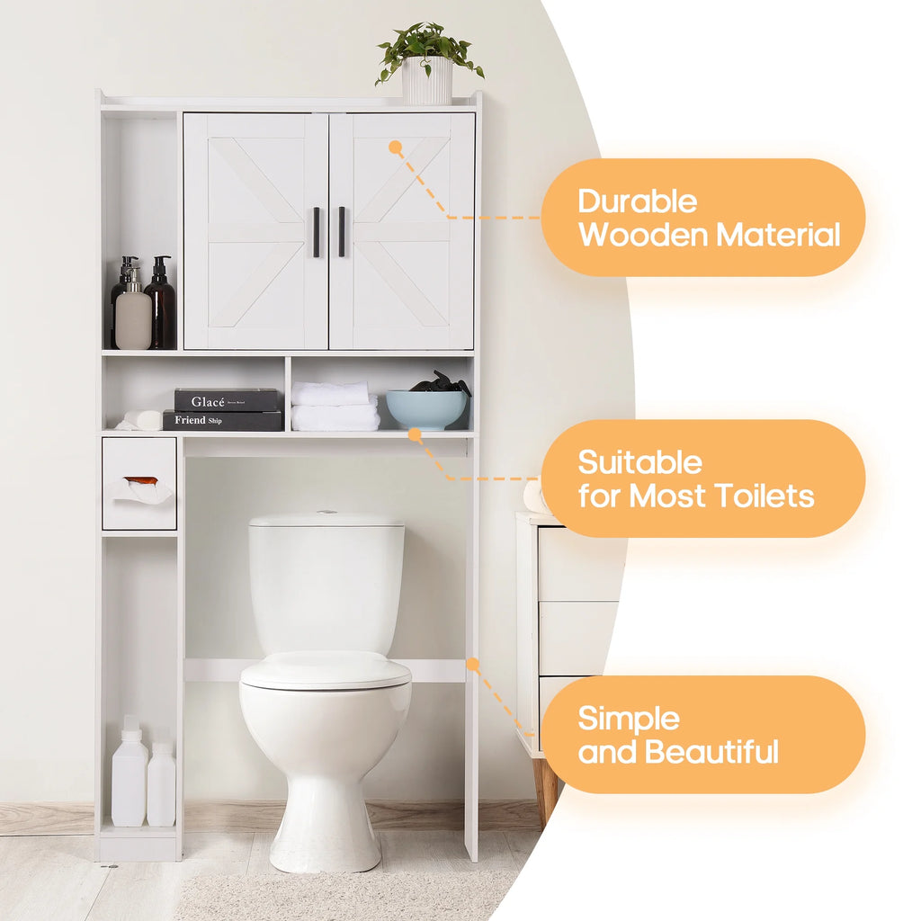 YISUFO Over the Toilet Storage Cabinet, Freestanding Bathroom Organizer with Adjustable Shelves, Waterproof, 65" H x 32" D x 7.7" W, White