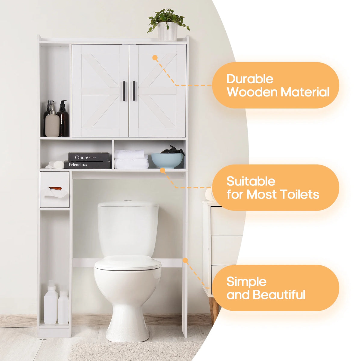 YISUFO Over the Toilet Storage Cabinet, Freestanding Bathroom Organizer with Adjustable Shelves, Waterproof, 65" H x 32" D x 7.7" W, White