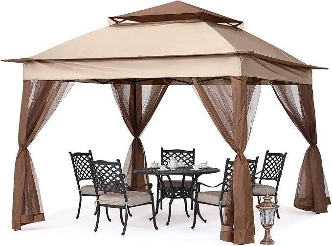 MASTERCANOPY Patio Gazebo Outdoor Pop Up Gazebo with Mesh Walls (11×11,Champagne)