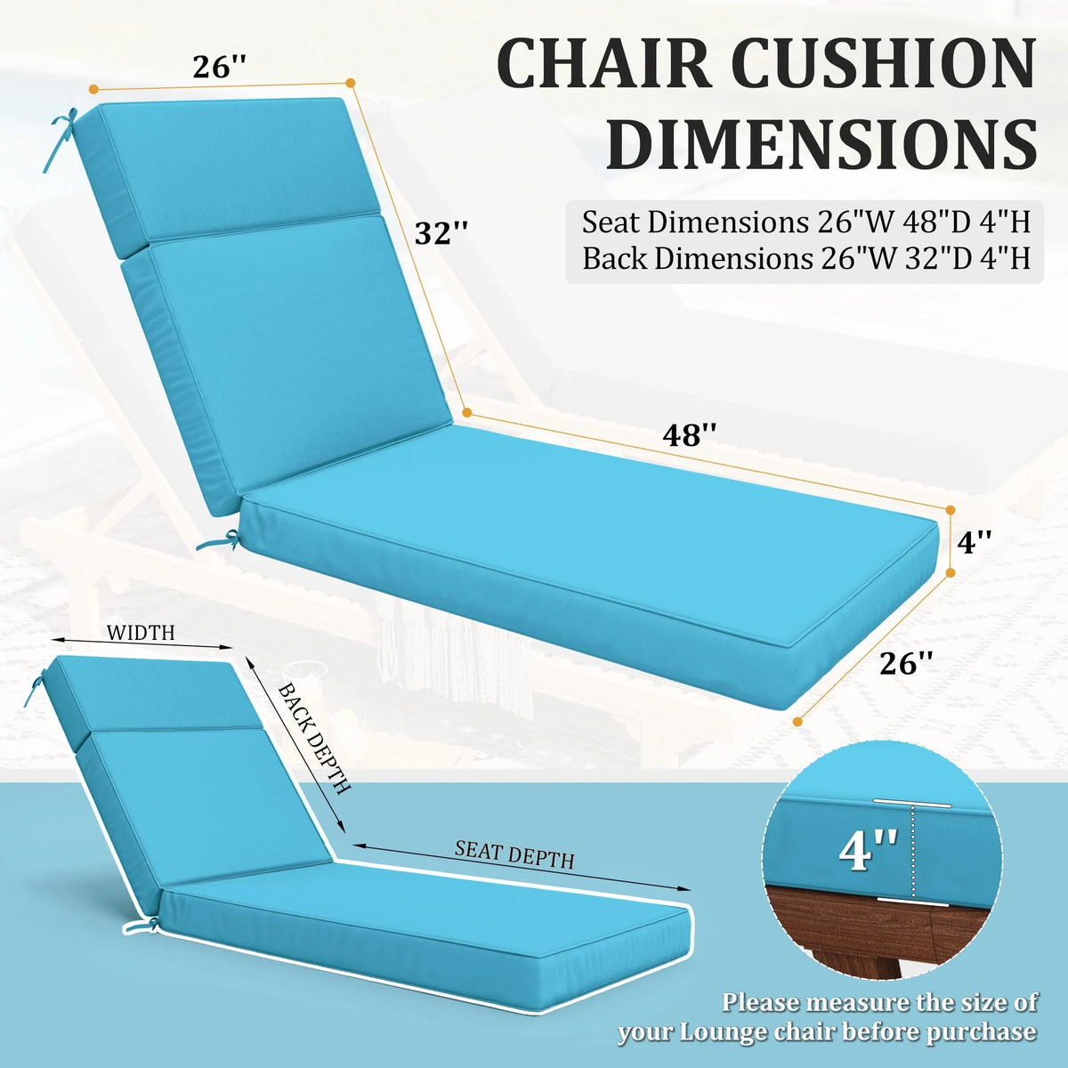 Kimunuk Outdoor Chaise Lounge Cushions set of 2, 80" x 26" x 4" Waterproof Pool Beach Recliner Replacement Cushions with Ties, Navy