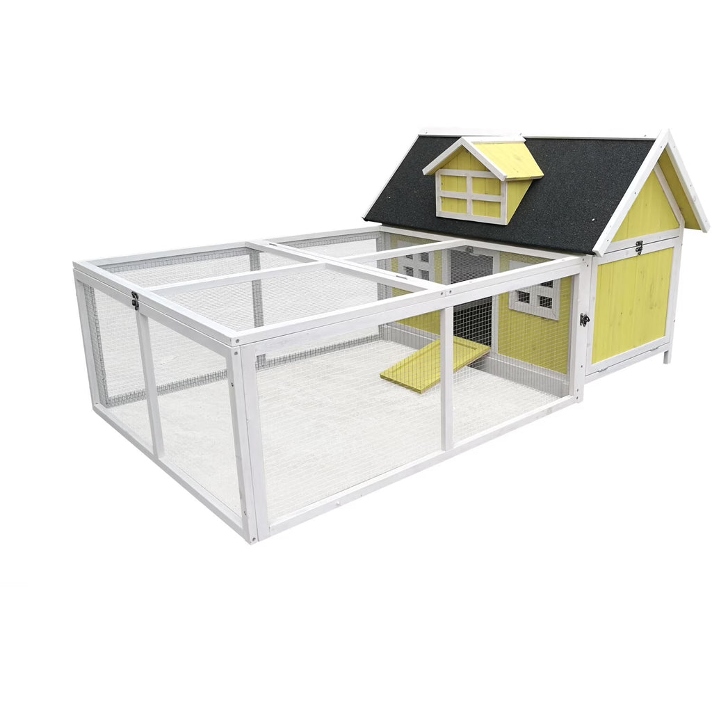 Hanover Outdoor Wooden Chicken Coop with Ramp, Large Wire Mesh Run, Waterproof Roof, Removable Tray 2.8 Ft. x 5.9 Ft. x 3.8 Ft.