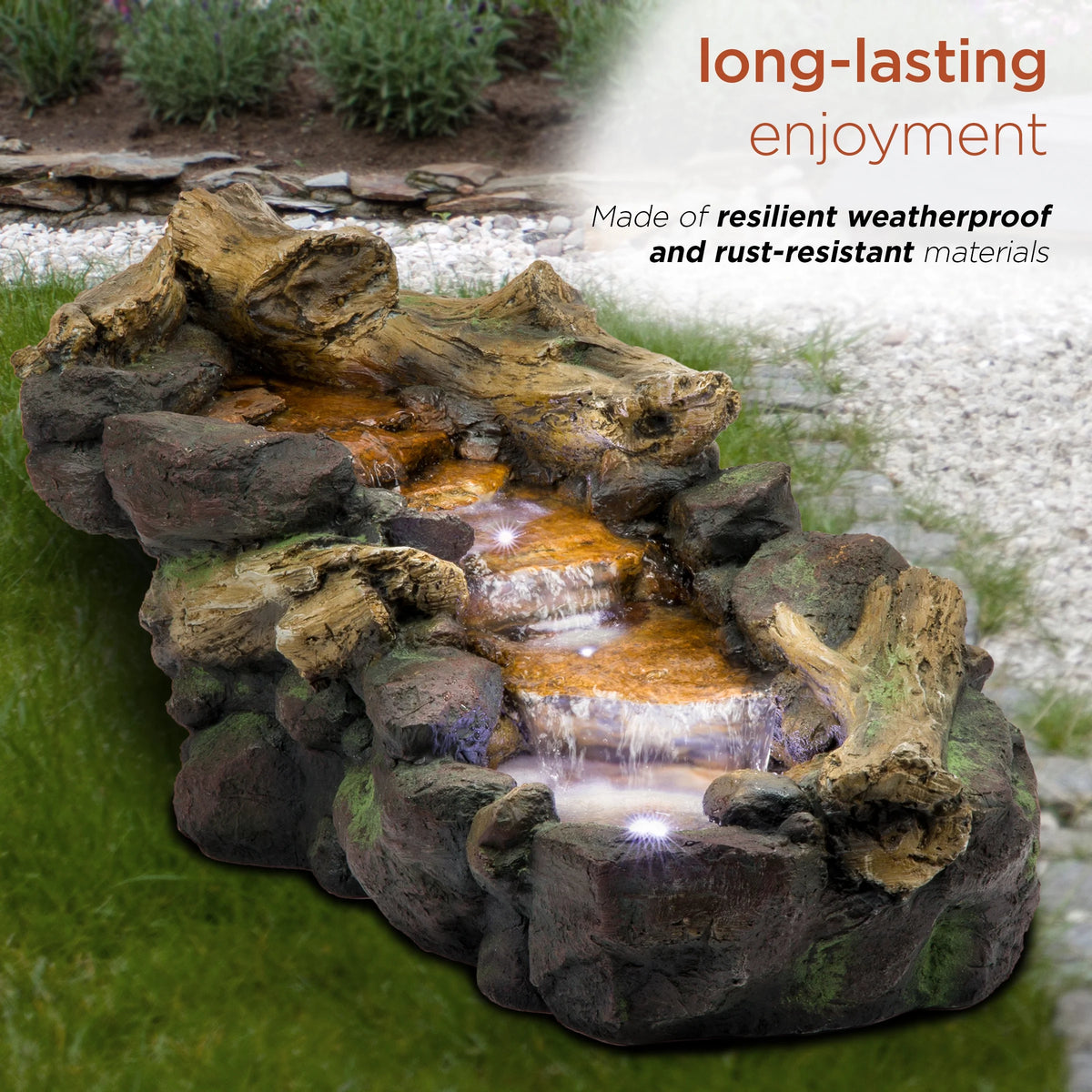 Fontaine de sol en polystone à cascade avec éclairage Alpine Corporation, 59 po x 16 po x 20 po, marron