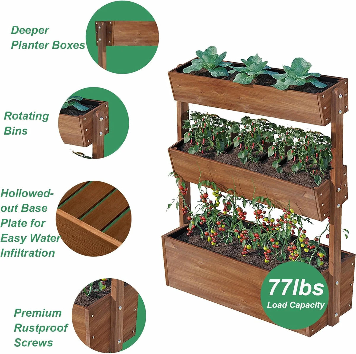 Jardinière surélevée Wilk 33,7 x 17,7 x 46, potager vertical en bois à 3 niveaux pour jardin, terrasse, balcon