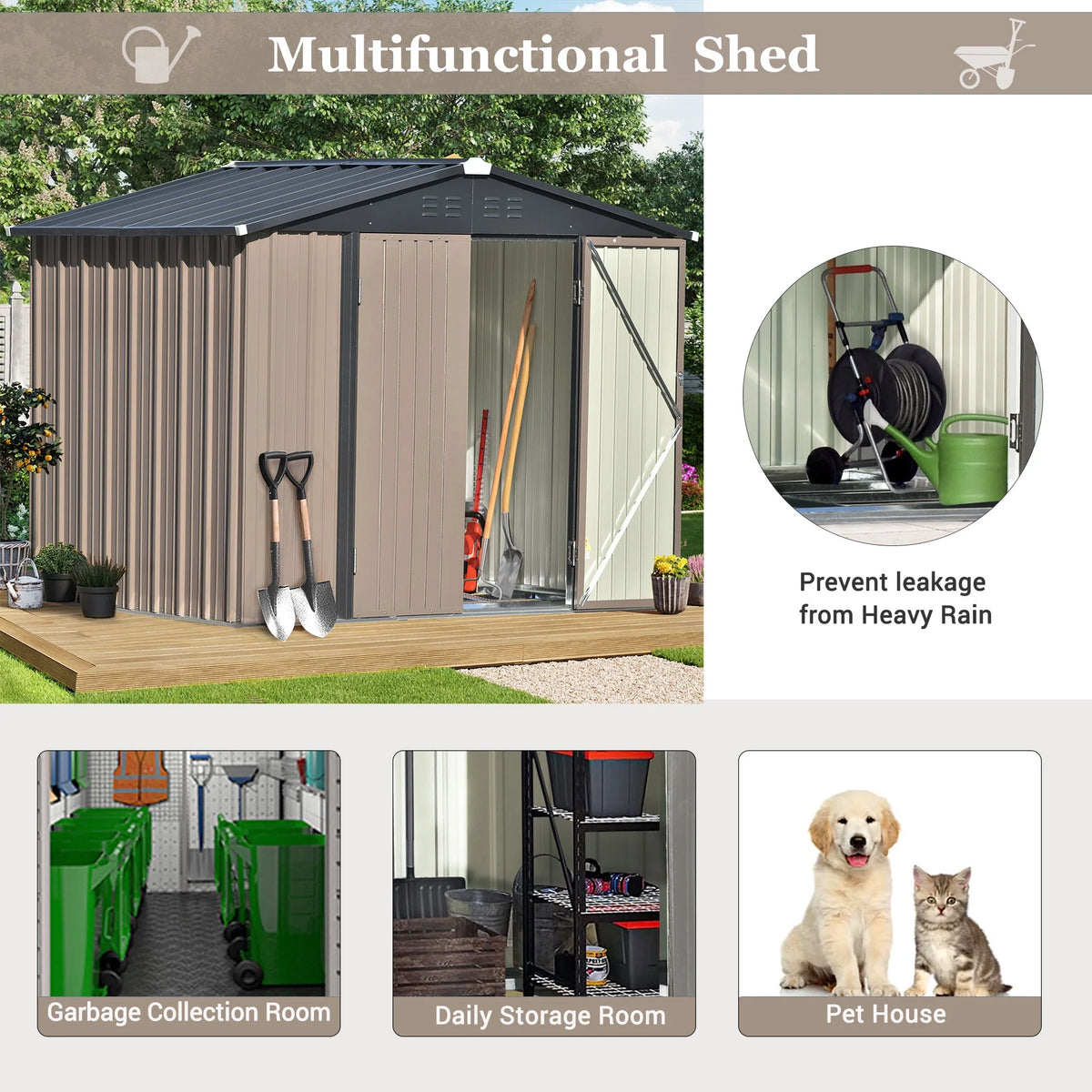 Sesslife Galvanized Steel Outdoor Storage Shed, 5' x 3' x 5.8', White