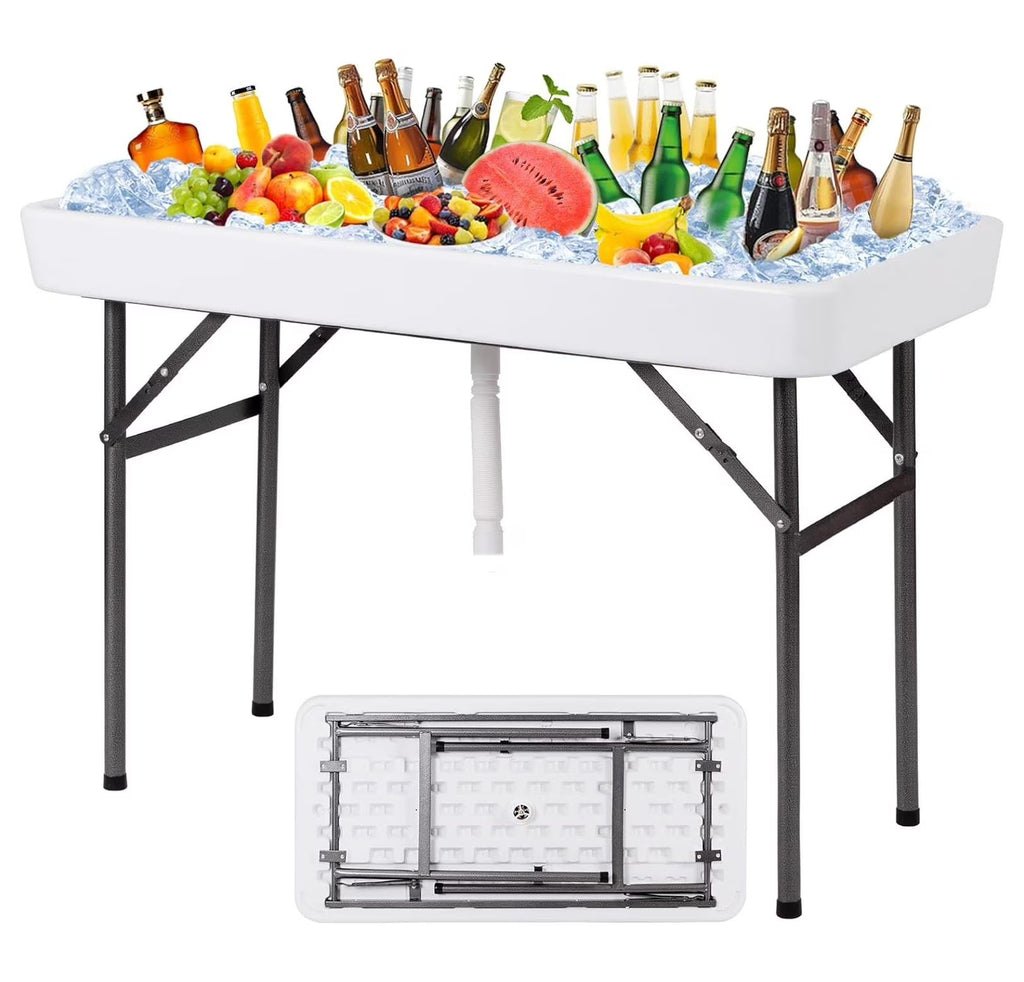 Table glacière pliante – Glacière à boissons portable, buffet avec jupe et système de drainage – Fête, pique-nique, barbecue, camping – Blanc 61 cm x 120,6 cm x 82,5 cm