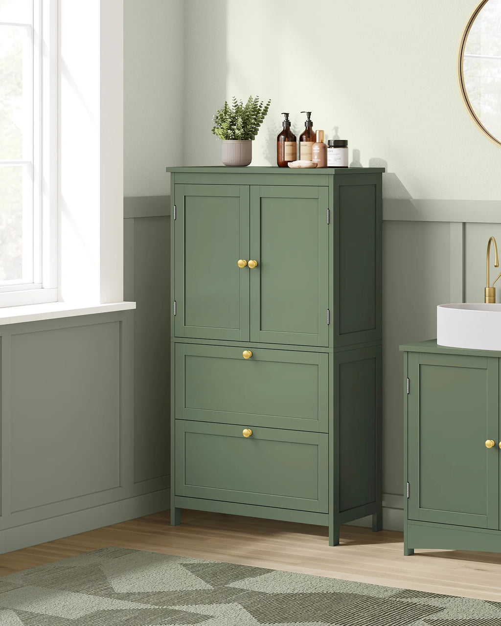 Meuble de rangement sur pied, unité de rangement, armoire indépendante avec 2 tiroirs et 2 portes, étagère réglable, 30 x 60 x 110 cm, blanc