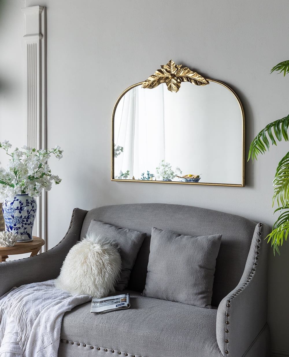 A&B Home Arched Gold Wall Mirror with Leaf Accent 39.6" x 2" x 35"