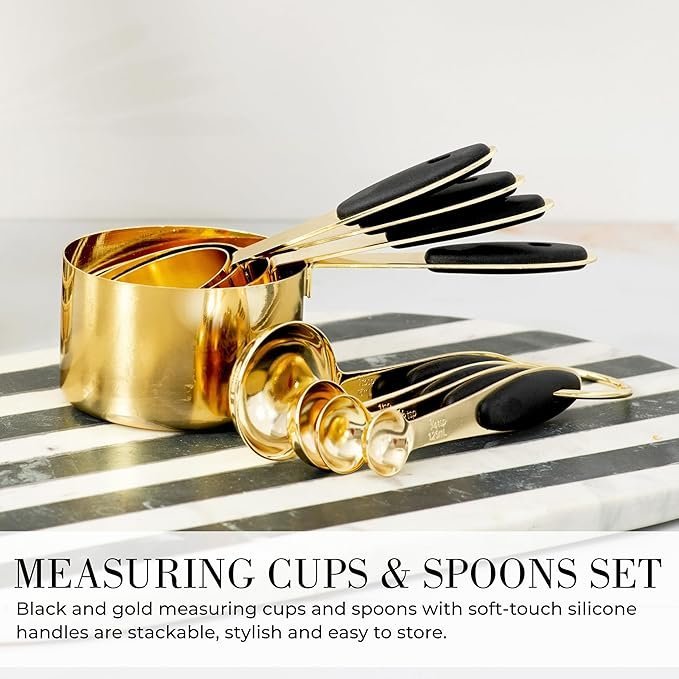 Black and Gold Kitchen Utensils Set – 23-Piece Luxury Kitchen Accessories Includes Gold Measuring Cups, Spoons, Silicone Cooking Utensils and Tools for Baking, Cooking, and Stylish Kitchen Decor