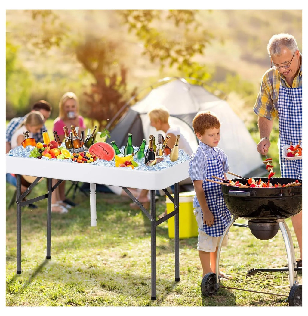 Table glacière pliante – Glacière à boissons portable, buffet avec jupe et système de drainage – Fête, pique-nique, barbecue, camping – Blanc 61 cm x 120,6 cm x 82,5 cm