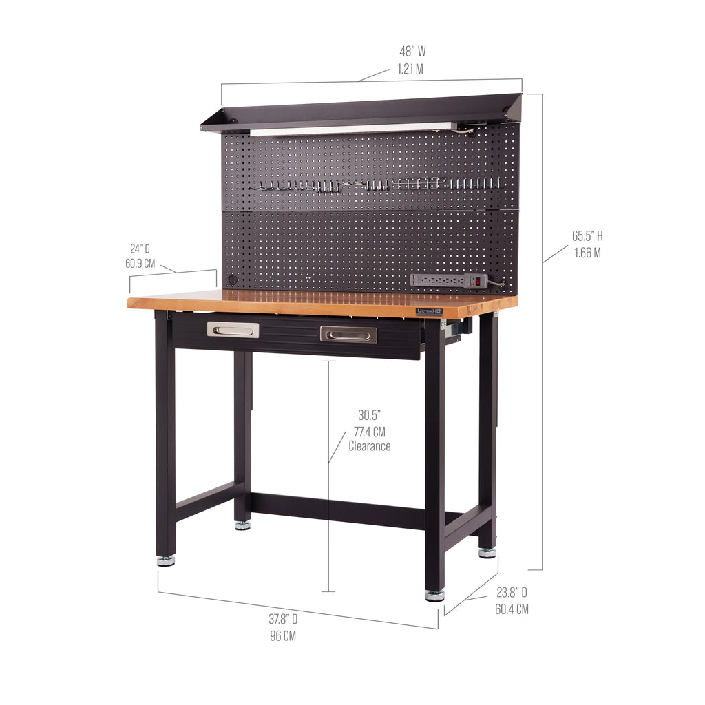 Établi commercial robuste Seville Classics UltraHD avec éclairage et panneau perforé, granite, 48 po L x 24 po P x 65,5 po H