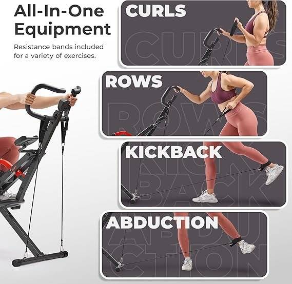 Sunny Health & Fitness Row-N-Ride PRO, Full Body Combo Squat Machine w/Optional Resistance Band, Easy Setup Ab Workout Exercise Equipment for Home, Whole Body Cardio, Optional SunnyFit App Connection