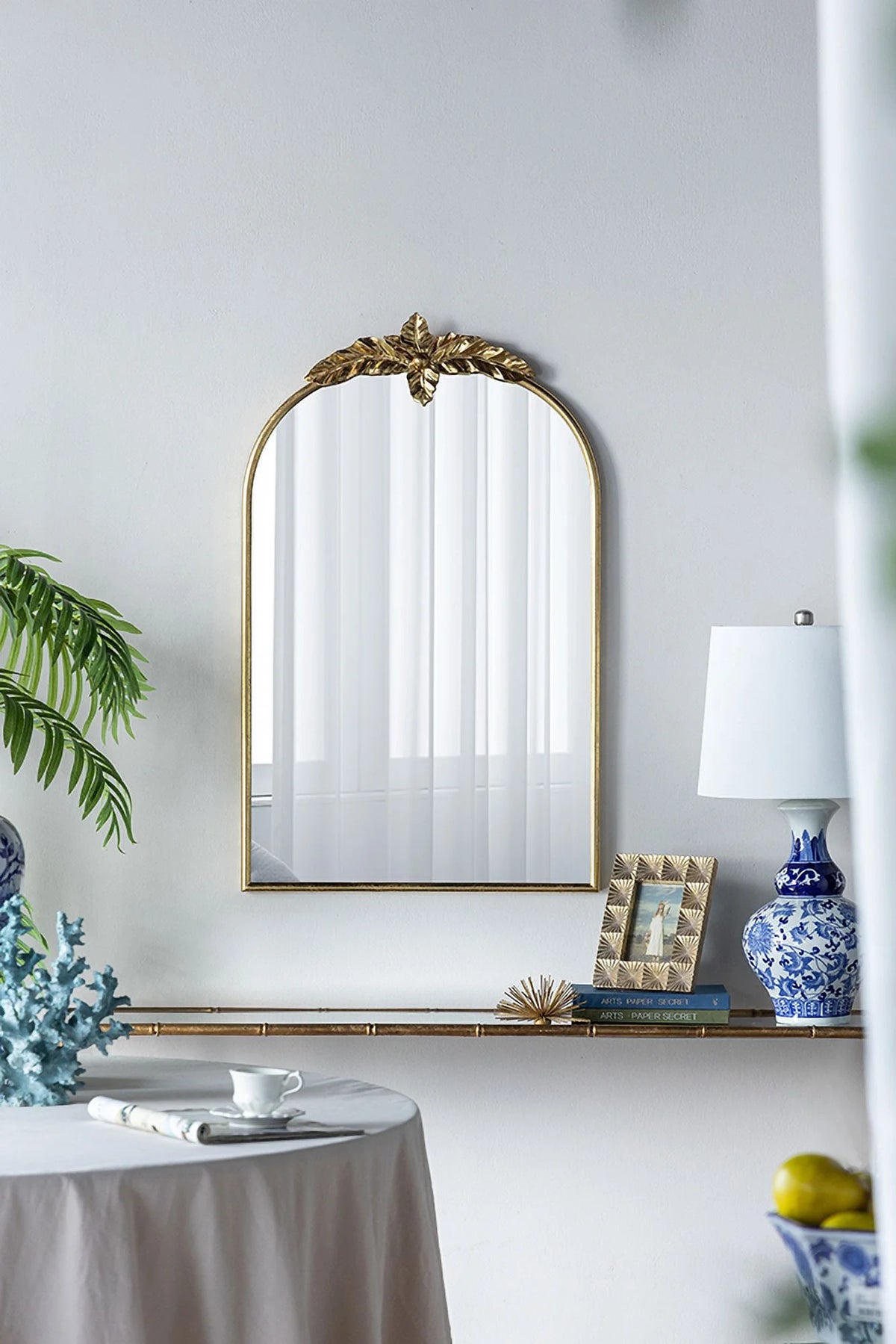 A&B Home Arched Gold Wall Mirror with Leaf Accent 39.6" x 2" x 35"