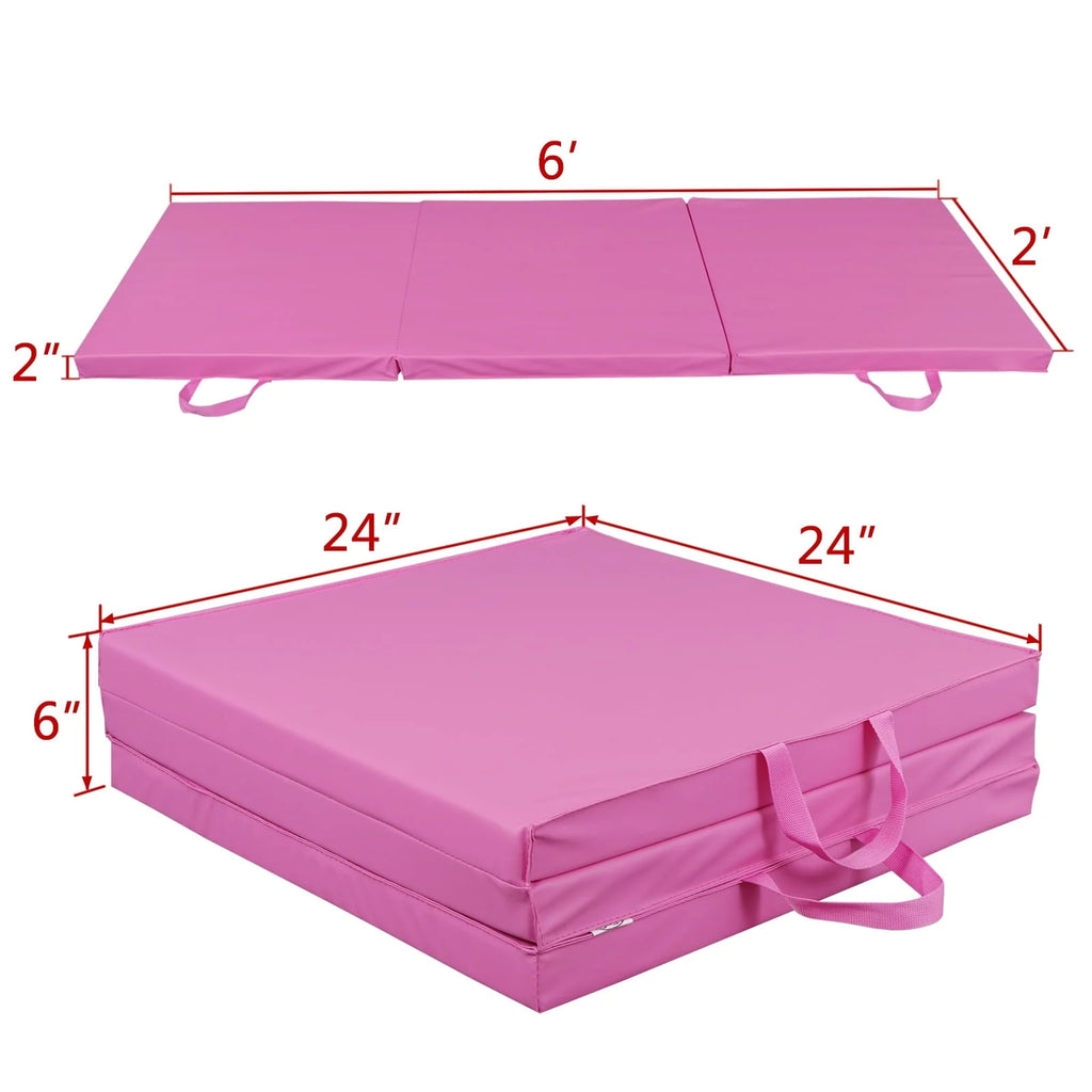 Tapis d'exercice et de yoga pliable ZENY 6' x 2' x 2" en cuir PU, antidérapant avec poignées de transport, rose