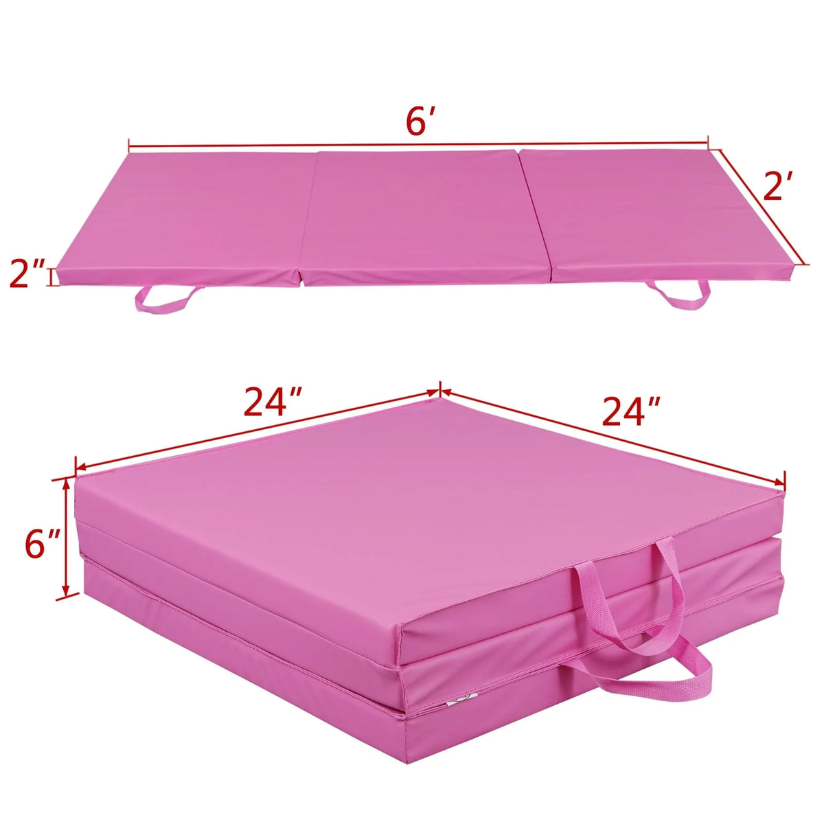Tapis d'exercice et de yoga pliable ZENY 6' x 2' x 2" en cuir PU, antidérapant avec poignées de transport, rose