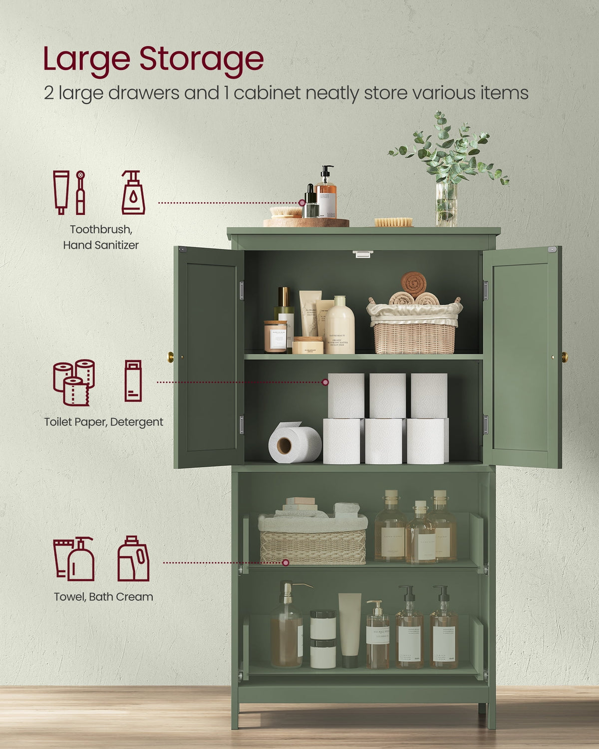 Meuble de rangement sur pied, unité de rangement, armoire indépendante avec 2 tiroirs et 2 portes, étagère réglable, 30 x 60 x 110 cm, blanc