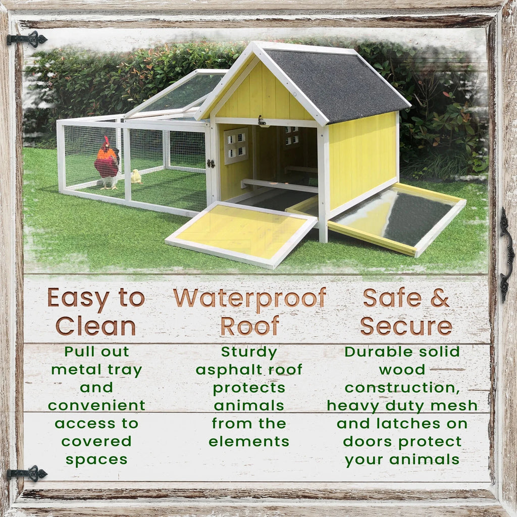 Hanover Outdoor Wooden Chicken Coop with Ramp, Large Wire Mesh Run, Waterproof Roof, Removable Tray 2.8 Ft. x 5.9 Ft. x 3.8 Ft.