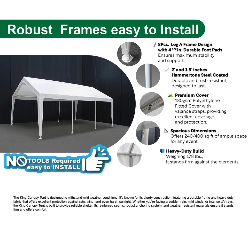Abri extensible King Canopy 12 pi x 20 pi / 20 pi x 20 pi, structure en acier, 8 pieds, blanc