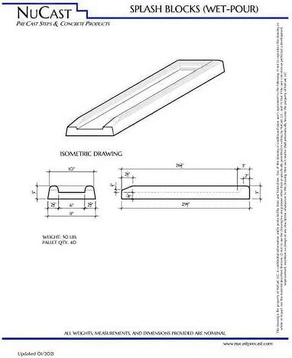 NuCast Precast Concrete Splash Block for Water and Rain Drainage from Home, Gutter, Downspout 3" high x 11" wide x 30" long Solid Concrete