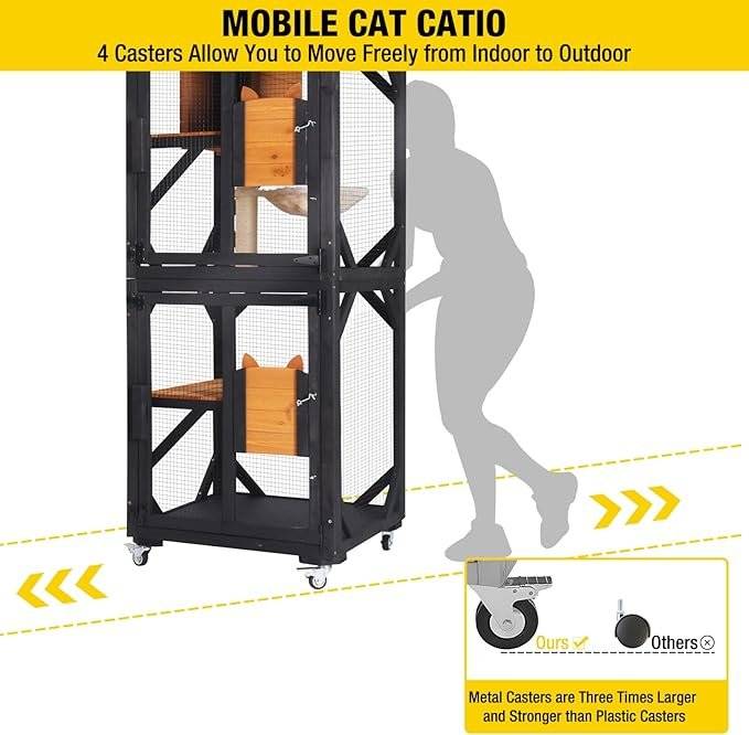Aivituvin Cat House Window Catio Outdoor Cat Enclosure Mobile Kitty Shelter on Wheels Pet Cage with Resting Box,Hammocks,Waterproof Cover