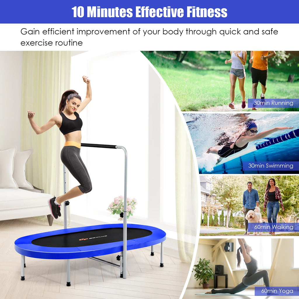 Goplus Adjustable Handrail Foldable Trampoline, Blue, 59.50" x 35.50" x 52.00"