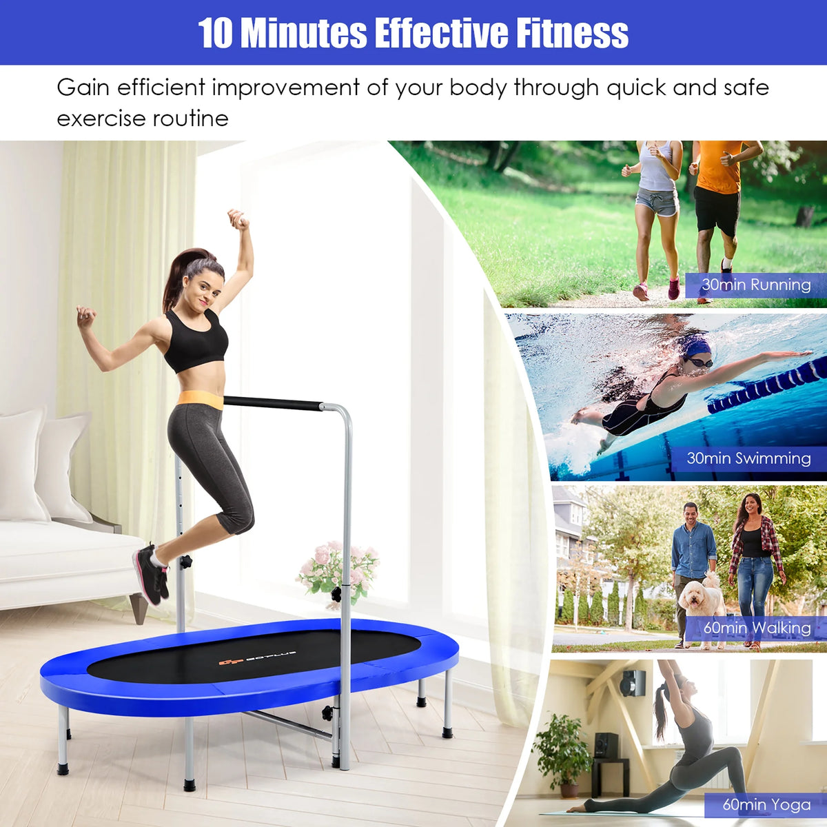 Goplus Adjustable Handrail Foldable Trampoline, Blue, 59.50" x 35.50" x 52.00"