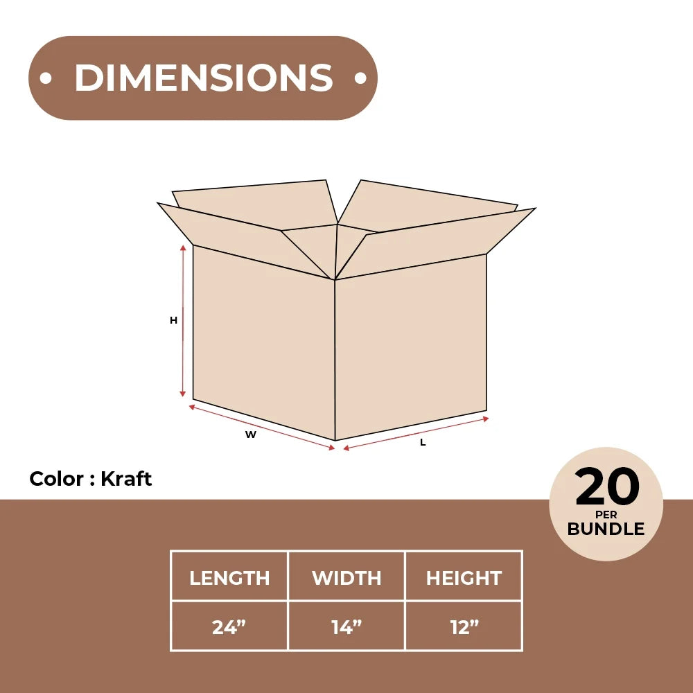 Kraft Corrugated Boxes ECT-32, 24 x 14 x 12", 20/Case