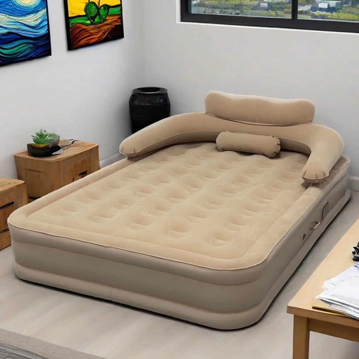 Buric double bed Extra Large Size Air Mattress with Headboard - Dual Pump, Inflatable Camping Airbed Electric(Beige75.5" x 71.6" x 15.7")