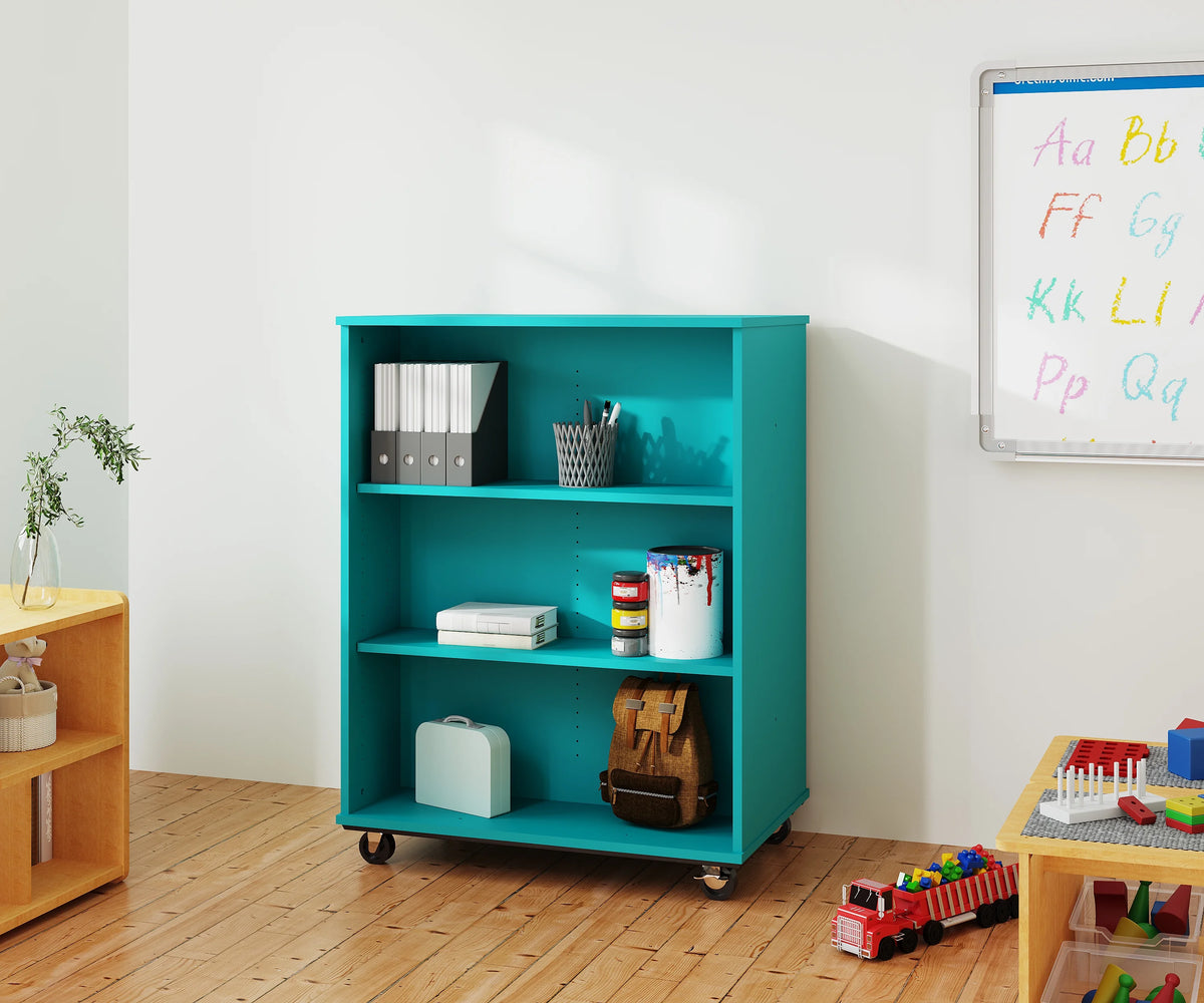 Tot Mate Open Double Sided 3 Tier Mobile Shelves Wooden Classroom Bookcase, Red, 36"W x 23"D x 48"H