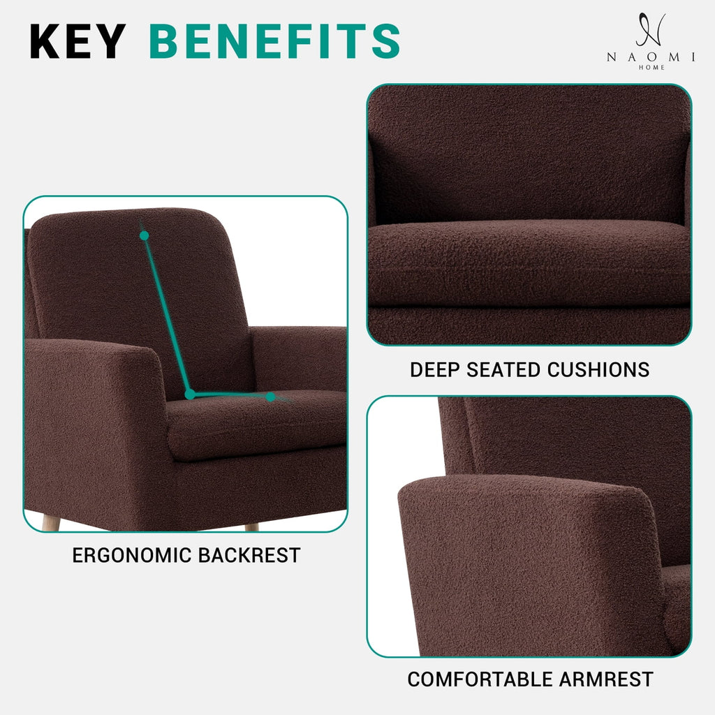 Naomi Home Frida Mid-Century Modern Accent Chair, Espresso Teddy Fleece Upholstered Armchair with Oak Legs, 28.74"D x 30.31"W x 35.04"H