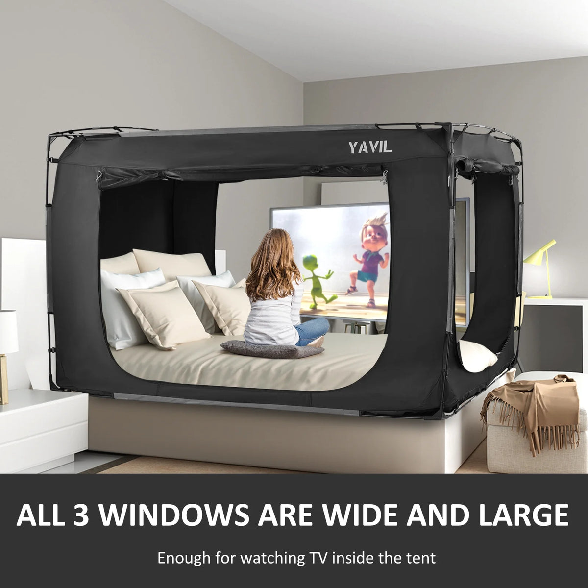Tente de lit YAVIL, format double, pop-up portable, filet de confidentialité pour sommeil, 3 portes, 190,5 x 137 x 119 cm, 4,5 kg