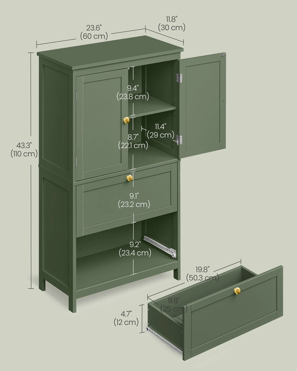 Meuble de rangement sur pied, unité de rangement, armoire indépendante avec 2 tiroirs et 2 portes, étagère réglable, 30 x 60 x 110 cm, blanc