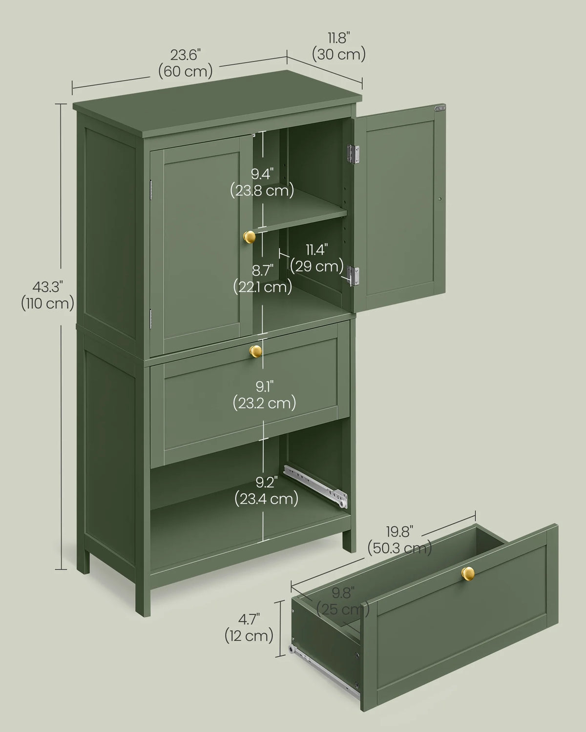 Meuble de rangement sur pied, unité de rangement, armoire indépendante avec 2 tiroirs et 2 portes, étagère réglable, 30 x 60 x 110 cm, blanc
