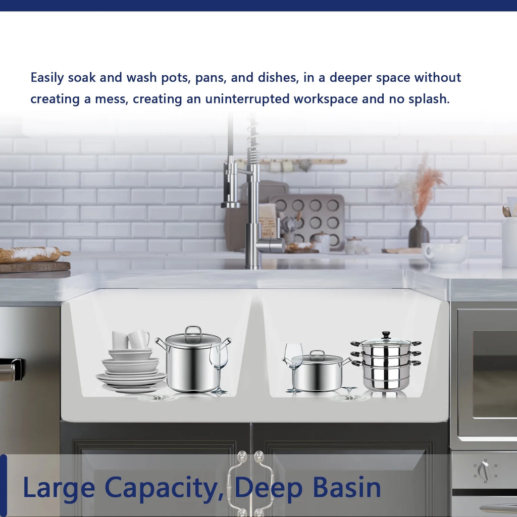 DeerValley Nova DV-1K503 Fireclay White Double Basin Farmhouse Kitchen Sink with Grid & Basket Strainer (33"L x 18"W x 10"H)